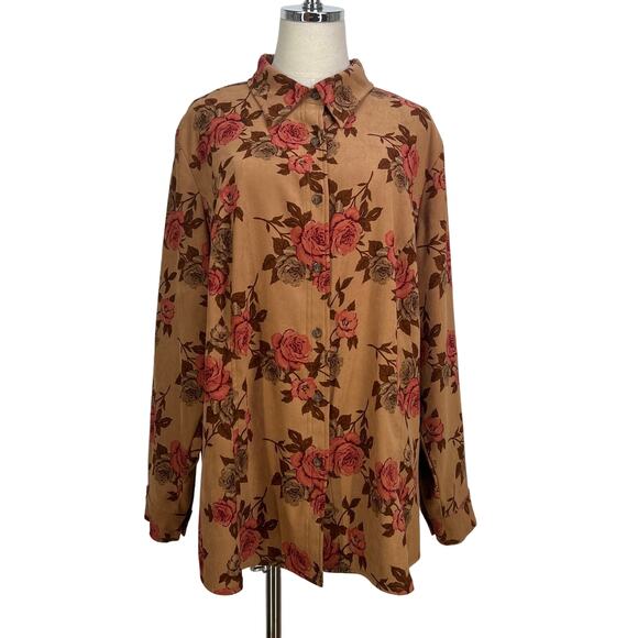 Rose Printed Button Up Shirt Long Sleeves Brown White Stage Top - Picture 1 of 9